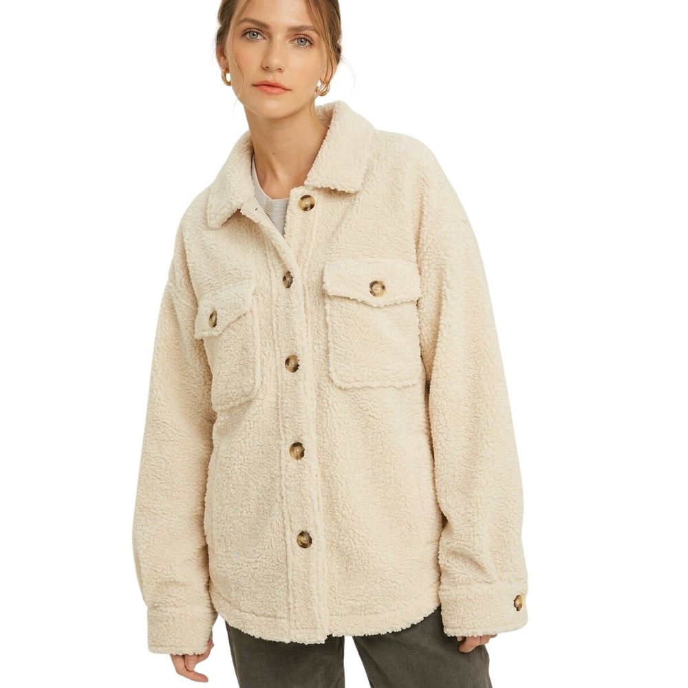 Wishlist Cream Sherpa Shacket Faux Shearling Button Front Teddy Jacket S/M